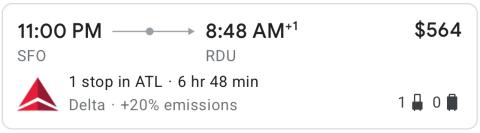 Google Flights Screenshot with High Emissions