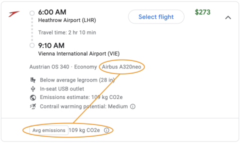 Screenshot from Google Flights showing connection between a new airplane and low emissions