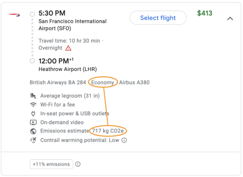 Google Flights Screenshot showing a CO2 estimate of 717kgs for economy