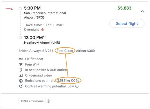 Google Flights Screenshot showing a CO2 estimate of 3585kgs for first