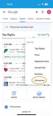 Google Flights Screenshot of Open Sort By Menu