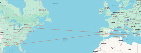 Mercator Map Projection showing routes between SFO and Athens