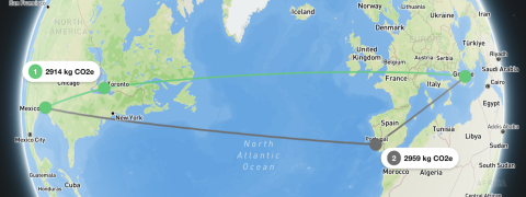 Routes on a Globe from SFO to Athens
